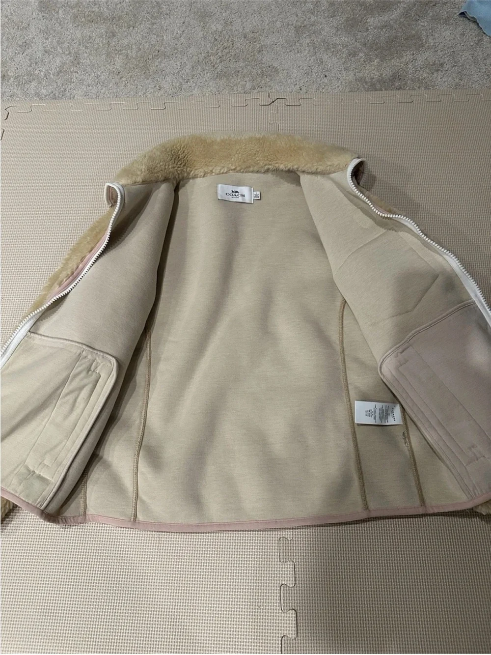 Coach 4584 Sherpa Fleece Zip Jacket, Colorblock Trim Retro Oval C Logo Gorpcore